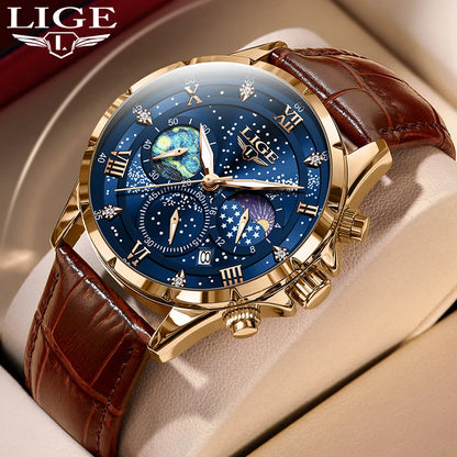 LIGE Quartz Wristwatch - Men's Luxury Waterproof Chronograph Quartz Leather Wristwatch