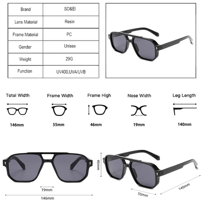 SO&EI Double Bridge Fashion Sunglasses – Square UV400 Unisex Retro Shades
