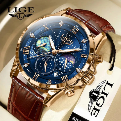 LIGE Quartz Wristwatch - Men's Luxury Waterproof Chronograph Quartz Leather Wristwatch