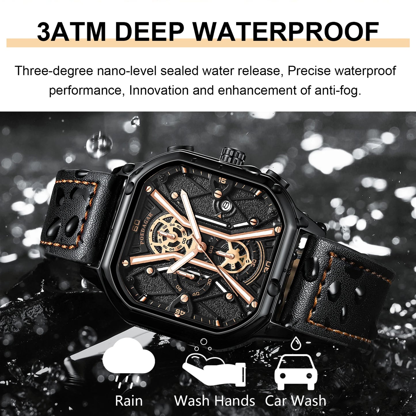 POEDAGAR CHRONOGRAPH 922 MEN'S WATCH - Fashionable Square Dial, Luminous, Waterproof, Date, Leather Strap